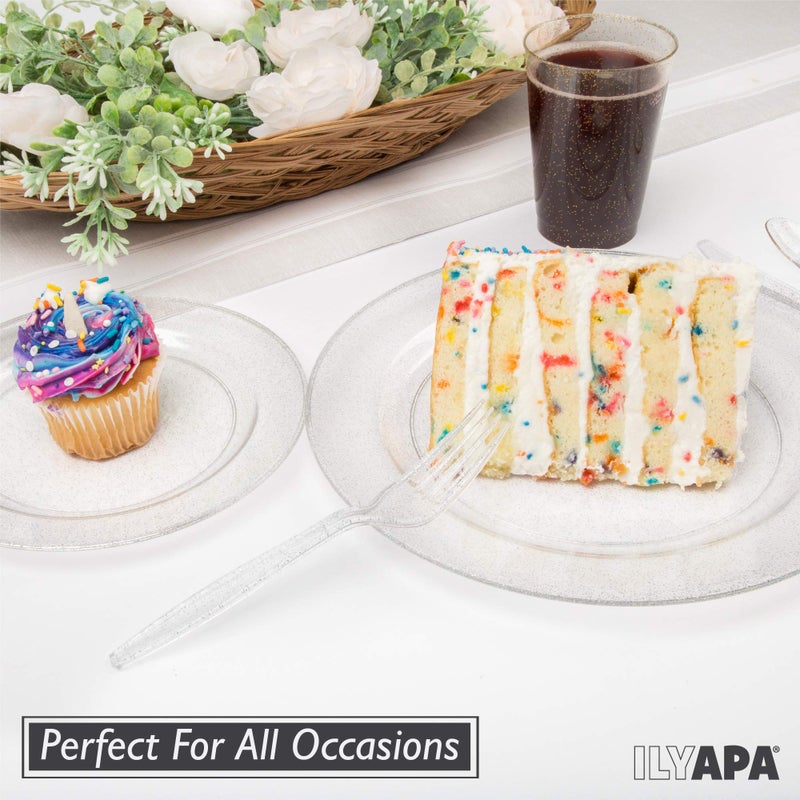 Ilyapa 100 Pack 6 Inch Disposable Dessert Plates, Plastic Clear Party Sets for 100 Guests, Clear Appetizer and Cake plates 6", Party & Dinner Accessories, Silver Glitter - Image 4